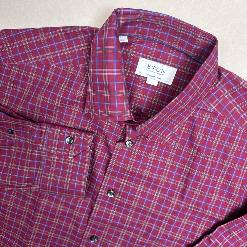 Eton Contemporary Fit Shirt L 16.5‎ Red Blue Check Fine Twill Cotton Made EUC